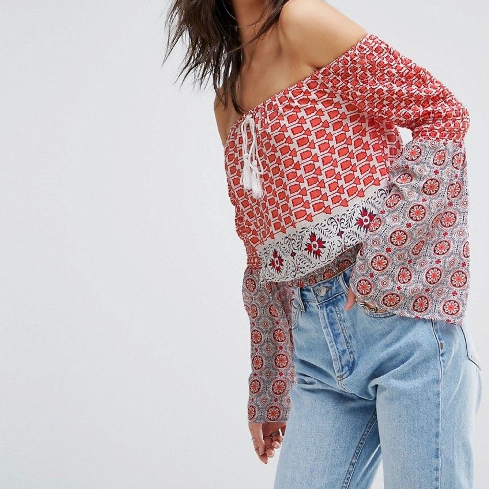 Boohoo mixed print Bardot top